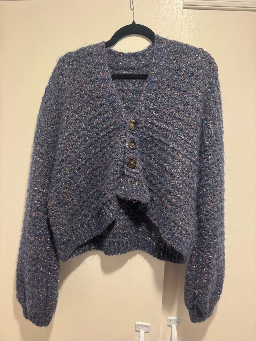 Hand Knit Women's Sweater Navy With Multicolor  Accents 22in Long, 21 Inch Wide